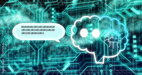 Image of robot, binary codes in speech bubble, dynamic wave and circuit board pattern