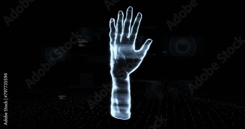 Image of data processing over hand model on black background