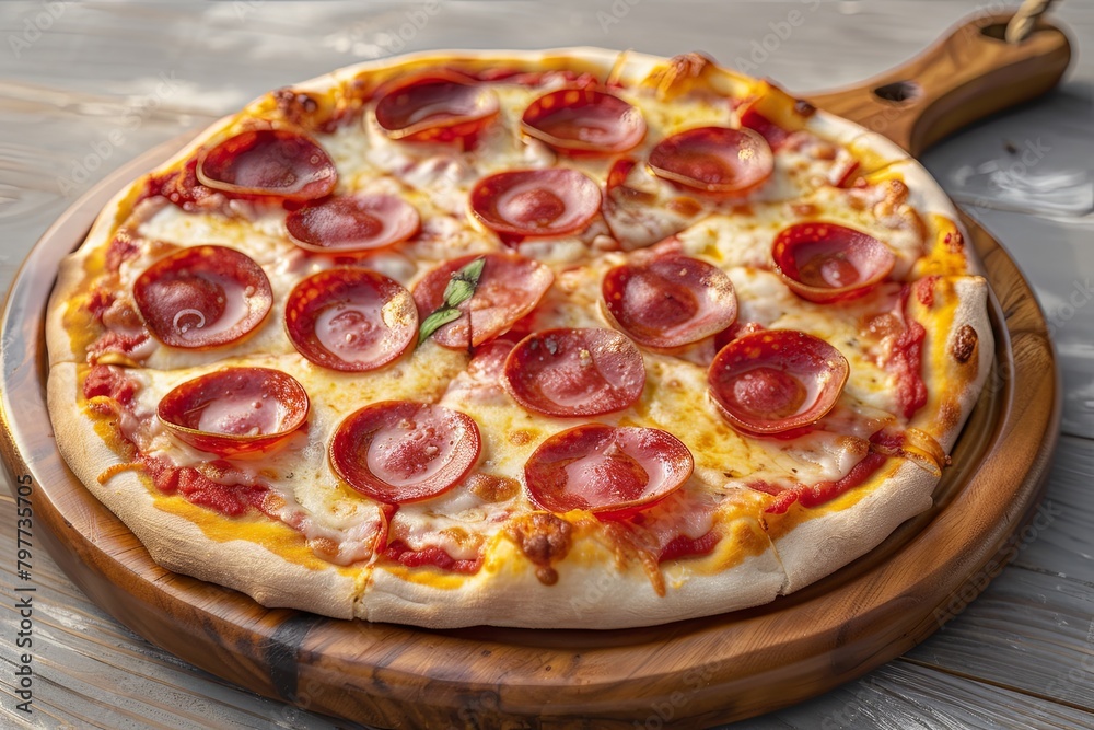 Freshly Baked Pepperoni Pizza on Wooden Board - Rustic, Hot, and Tasty Snack