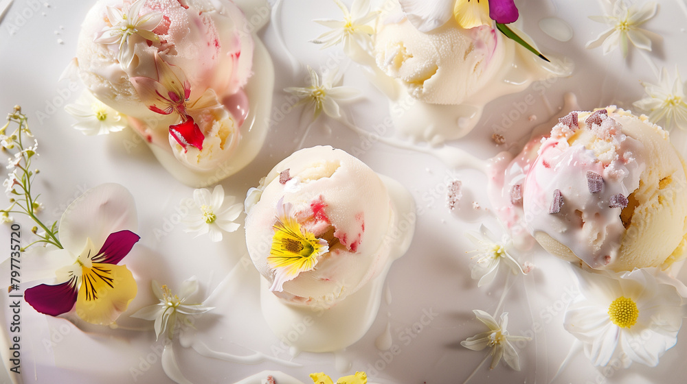 Elegant ice cream concoctions showcase gourmet scoops adorned with edible flowers and delicate toppings on a white surface Elegant ice cream concoctions showcase gourmet scoops adorned with edible flowers and delicate toppings on a white surface