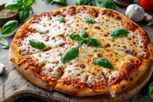 Stretchy Mozzarella Cheese on Freshly Baked Pizza - Delicious Dinner on Rustic Board with Fresh Ingredients and Basil