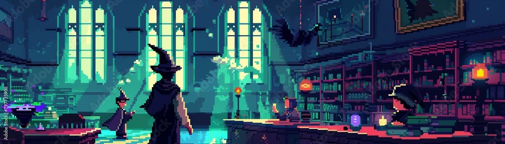 Obraz premium Pixelated wizard school with students casting spells and magical classrooms