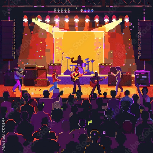 Retro pixel art 1970s funk music concert with a band on stage and dancing crowd