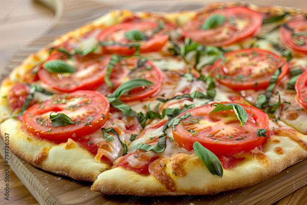 Baked Pizza with Fresh Tomatoes and Basil: Traditional Italian Style Masterpiece Baked Pizza with Fresh Tomatoes and Basil: Traditional Italian Style Masterpiece