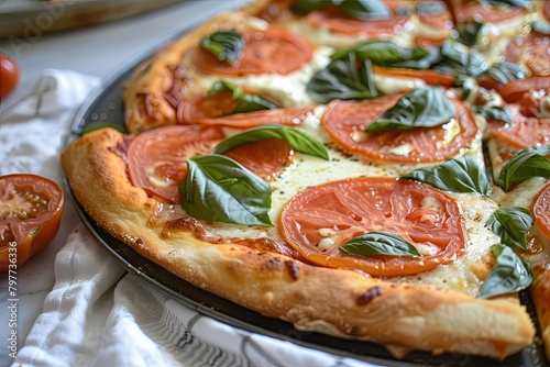 Freshly Baked Italian Pizza: Savory Delight with Fresh Basil and Tomato Toppings