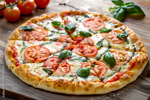 Baked Pizza: Fresh Tomato Basil Composition - Traditional Italian Style