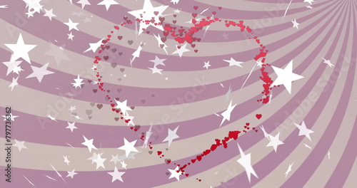 Image of small hearts and stars falling over spiral pattern against purple background