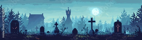 Retro pixel art haunted graveyard with ghosts, fog, and eerie mausoleums photo