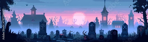 Retro pixel art haunted graveyard with ghosts, fog, and eerie mausoleums