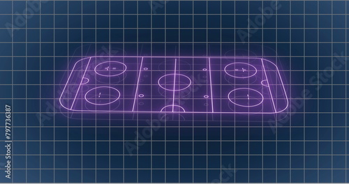 Image of grid pattern over illuminated sports court against black background
