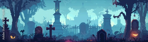Retro pixel art haunted graveyard with ghosts, fog, and eerie mausoleums