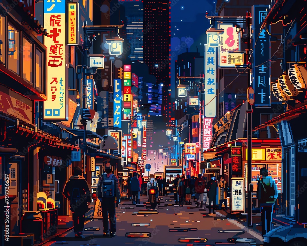 Retro pixel art modern Tokyo street at night with neon signs and busy crowds