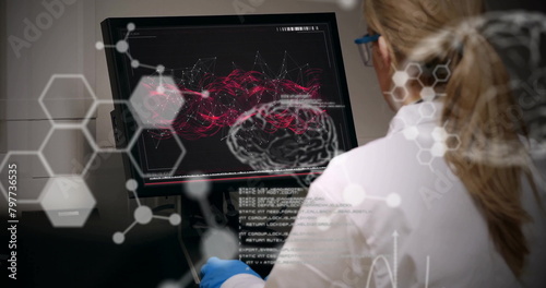 Image of scientific data processing over caucasian female scientist in laboratory