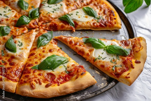 Freshly Baked Margarita Pizza with Basil - Traditional Italian Cheesy Dinner