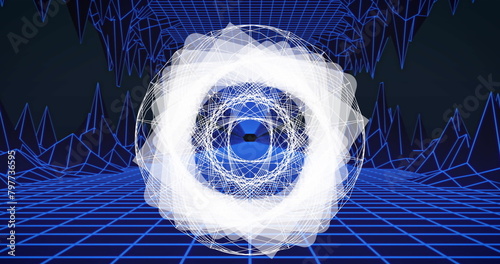 Image of multiple white geometric shapes spinning on seamless loop with blue grid in background