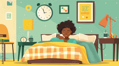 Overslept young AfricanAmerican woman with alarm clo photo
