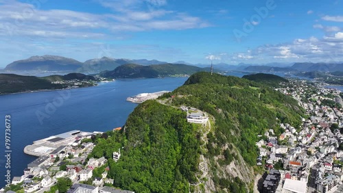 Aerial View of Alesund Town and Islands, More og Romsdal County, Norway on Sunny Summer Day, Drone Shot 60fps photo