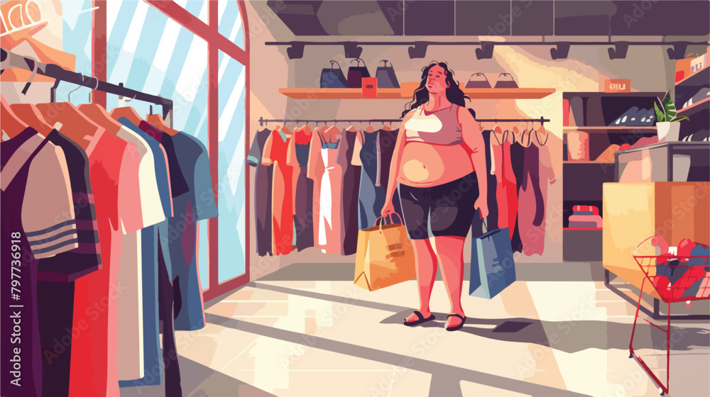 Overweight woman with shopping bags in clothing store