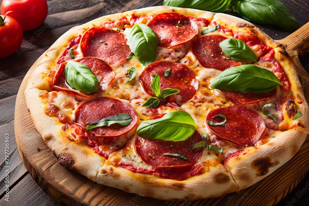 Pepperoni Pizza with Tomato and Basil Topping on a Wooden Board