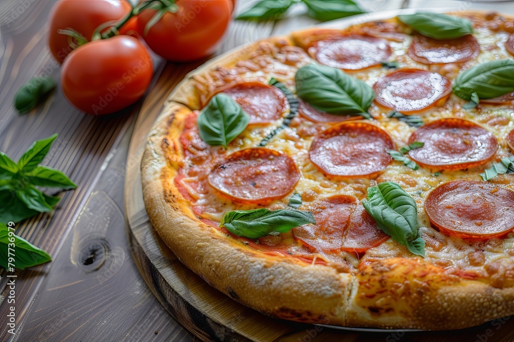 Baked Pepperoni Pizza with Tomato, Basil, and Fresh Vegetable Toppings - Traditional Italian Style