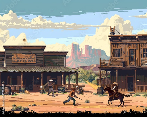 Retro pixel art wild west duel at high noon with cowboys and spectators