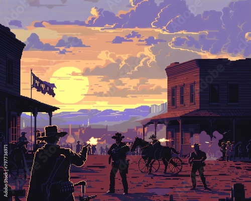 Retro pixel art wild west duel at high noon with cowboys and spectators
