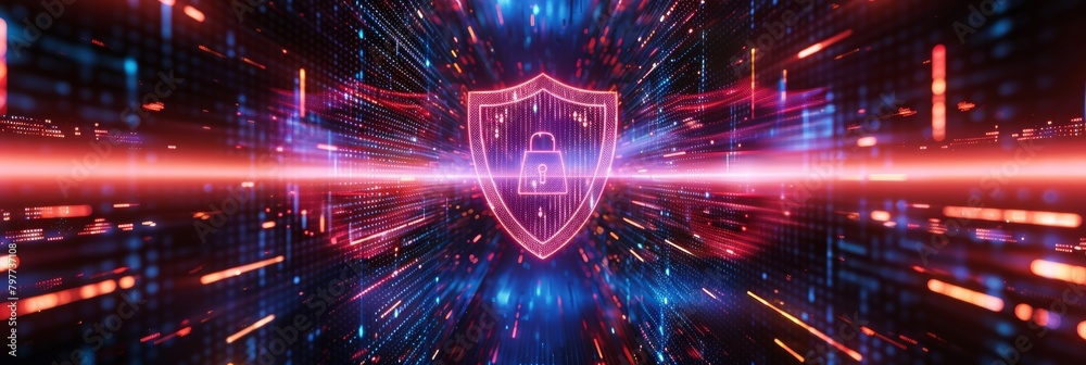 Obraz premium Holographic lock shield on binary code backdrop