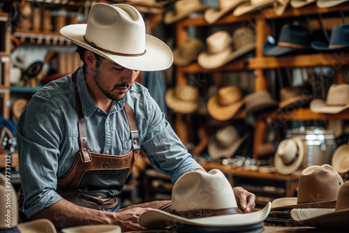 craftsman carefully making a cowboy hat in the workshop photo