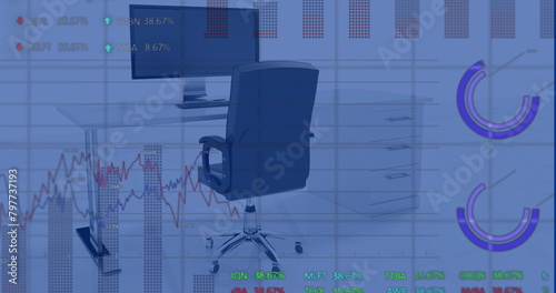 Image of financial data processing over office with computer on desk