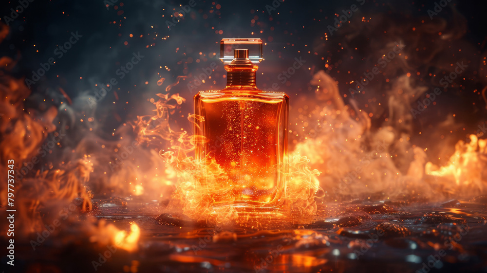 A transparent perfume bottle filled with amber liquid is surrounded by swirling flames and smoke, with glowing embers in the air