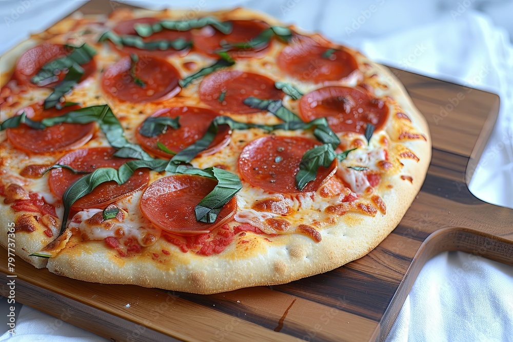Baked Pepperoni Pizza - Traditional Italian Style with Fresh Basil and Tomato Toppings Baked Pepperoni Pizza - Traditional Italian Style with Fresh Basil and Tomato Toppings