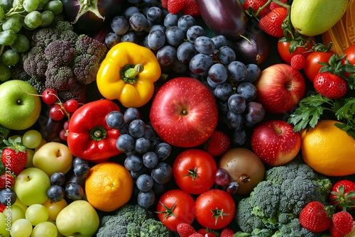 Vibrantly colored fruits and vegetables  including apples  grapes  tomatoes  and broccoli  are closely packed together  filling the frame.