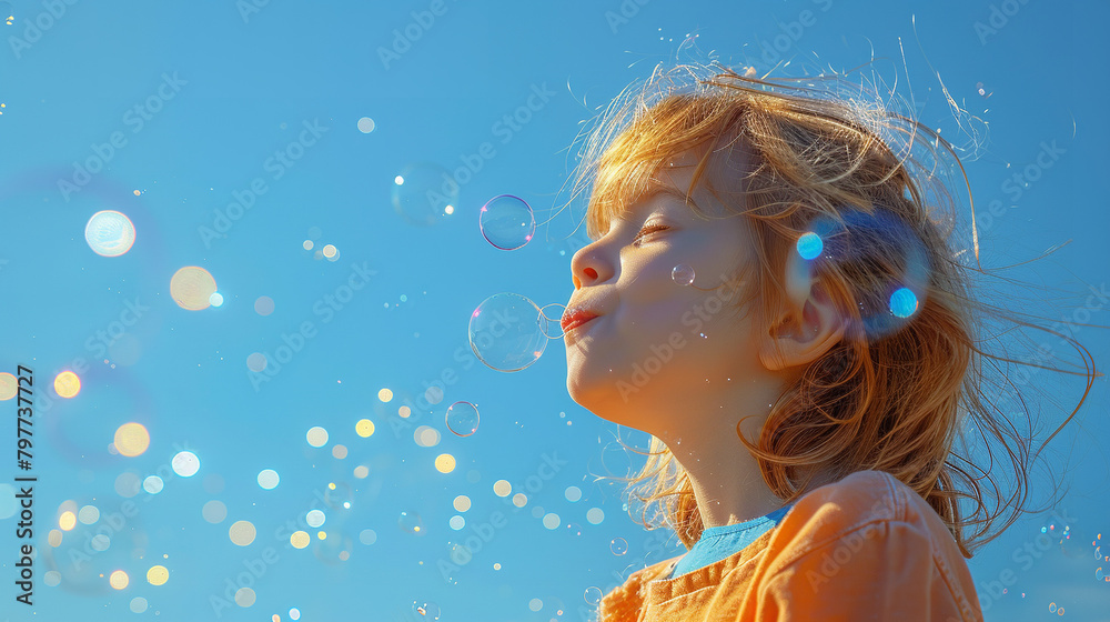 a child blowing bubbles, with a clear blue sky as the background a child blowing bubbles, with a clear blue sky as the background