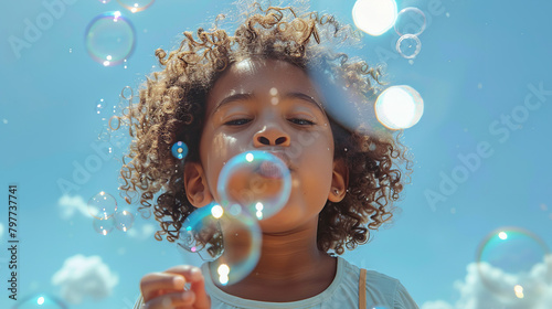 a child blowing bubbles, with a clear blue sky as the background