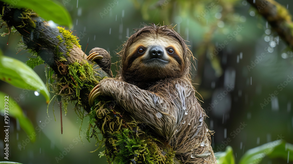 Obraz premium curious sloth, with moss-covered branches as the background