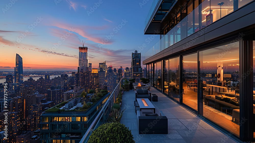 Fototapeta premium A photo of a luxury penthouse, with panoramic city views as the background