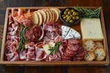 An array of gourmet snacks featuring assorted charcuterie, cheeses, crackers, and condiments on a wooden tray.