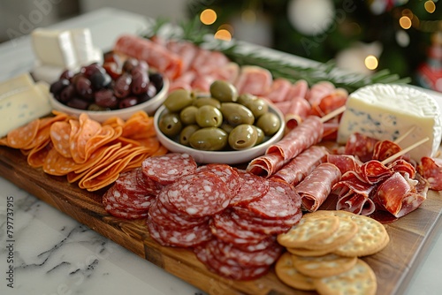 An assortment of charcuterie and cheeses on a wooden board, with bowls of olives, set in a festive setting.