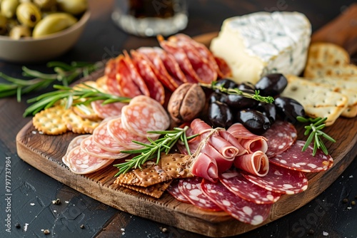 A wooden board filled with an assortment of cured meats, cheese, crackers, and olives garnished with rosemary.