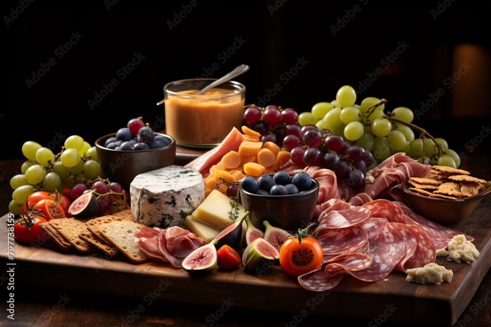 A lavish charcuterie board with various cheeses, meats, fruits, and assorted snacks displayed elegantly against a dark background. A lavish charcuterie board with various cheeses, meats, fruits, and assorted snacks displayed elegantly against a dark background.