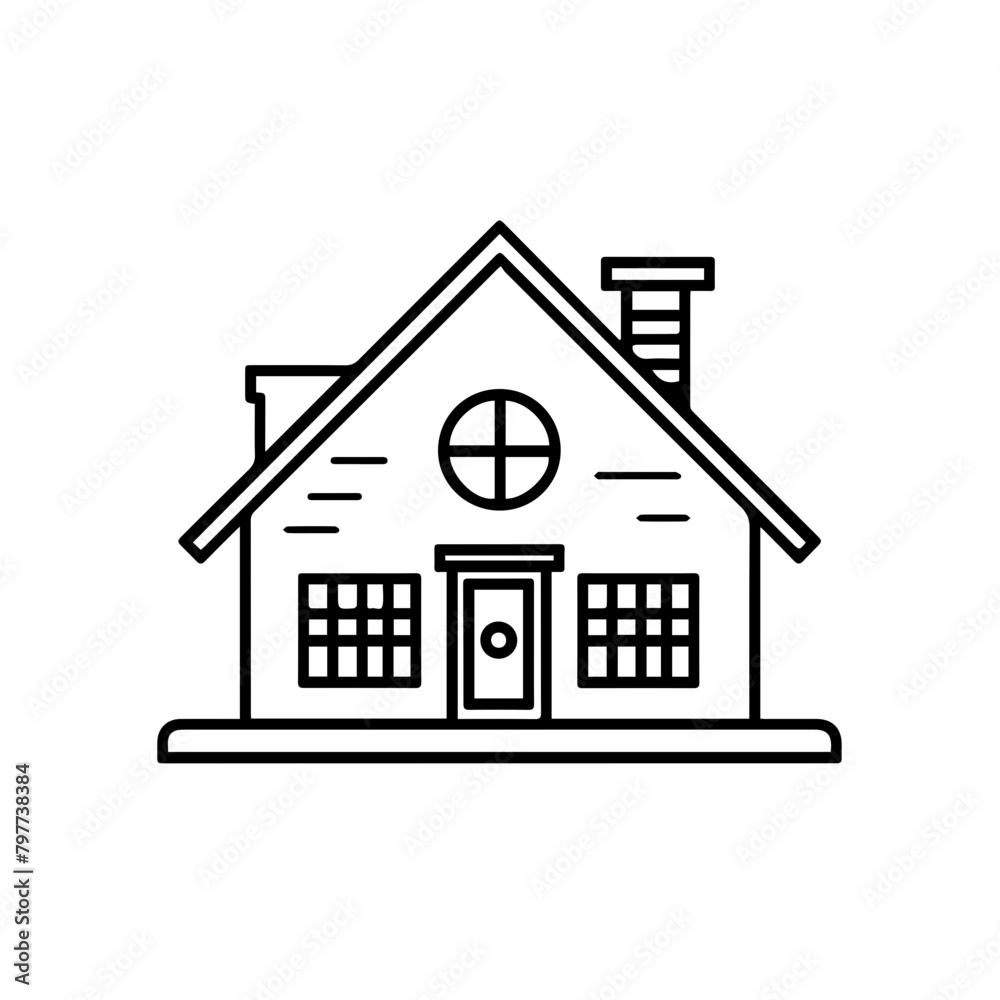 Black on white minimal logo, line-art, house merged with looking glass Black on white minimal logo, line-art, house merged with looking glass