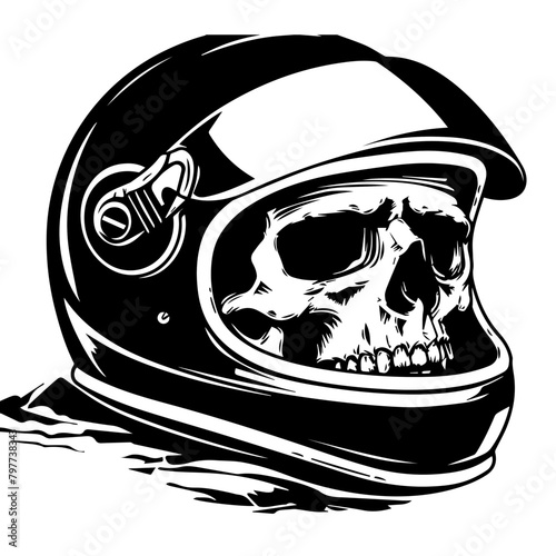 Black white logo showing a skull wearing a racing helmet with visor, rally dakar style 