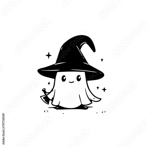 White background and a black line minimalist design of a fantasy black mage