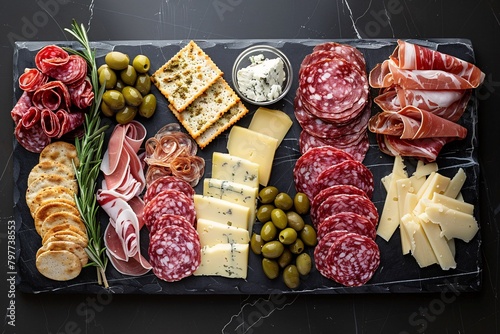 A charcuterie board featuring an assortment of meats, cheeses, crackers, and olives on a dark slate background.