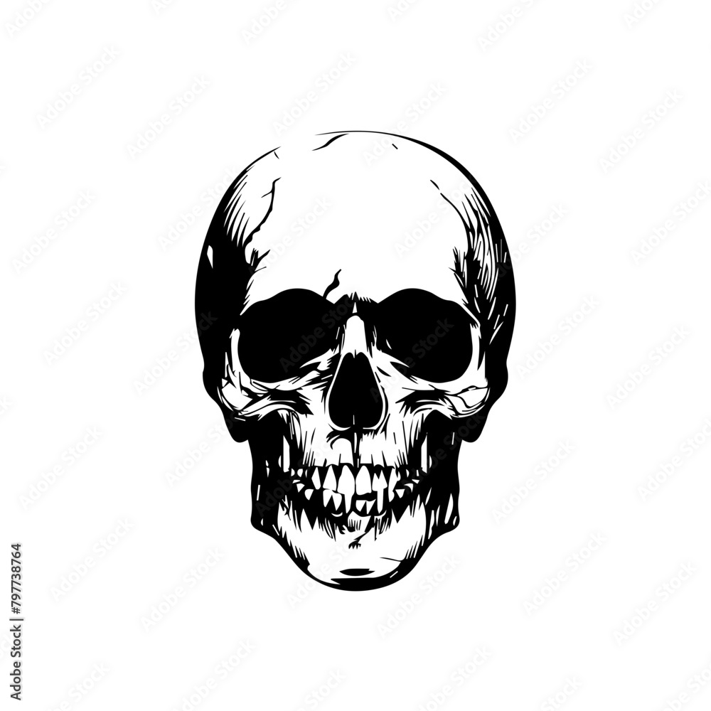 Minimalist skull logo, in tones of black and white. 