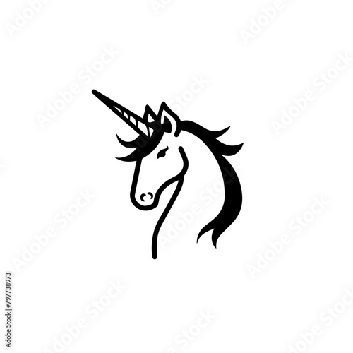 Unicorn, minimalist logo, flat, black, line, white background 