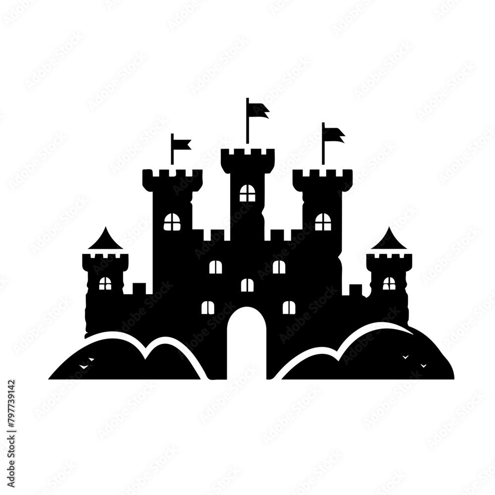 Vector of very small medieval castle, simple design) logo, flat, black and white, rpg game 