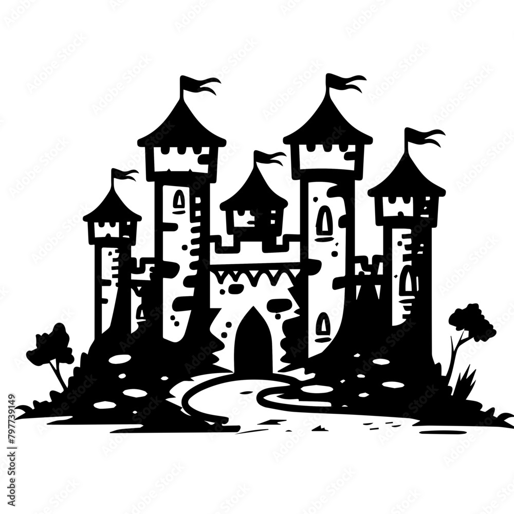 Vector of very small medieval castle, simple design) logo, flat, black and white, rpg game 