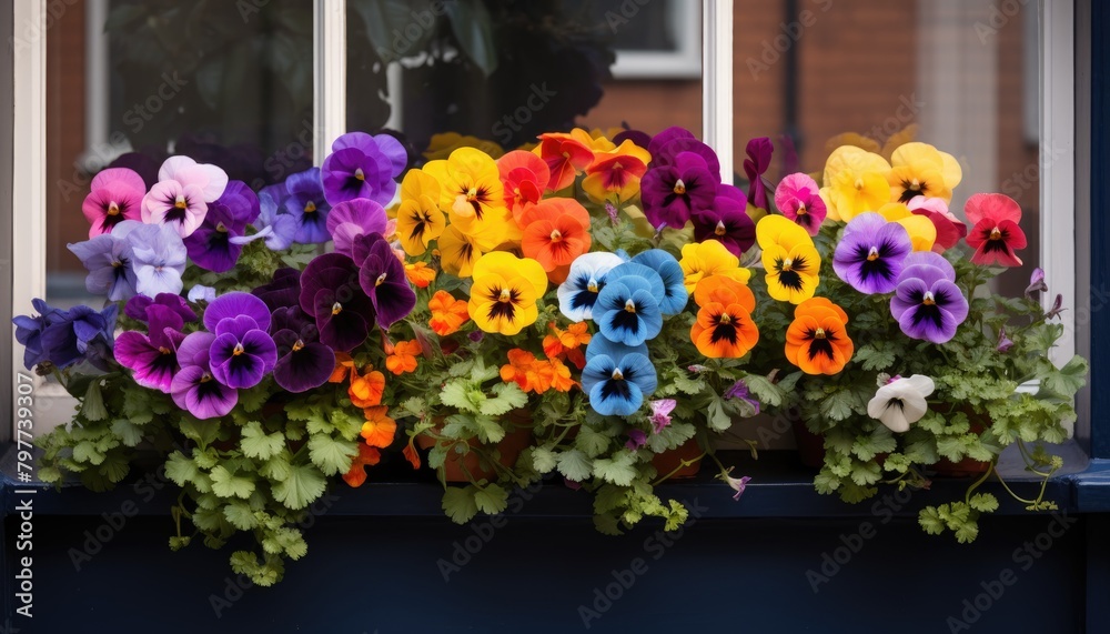 A window box overflowing with vibrant pansies of various colors in full ...