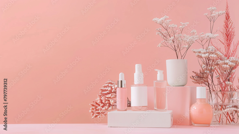 winter skin care cosmetics layout, pink background, natural light, minimalistic winter skin care cosmetics layout, pink background, natural light, minimalistic